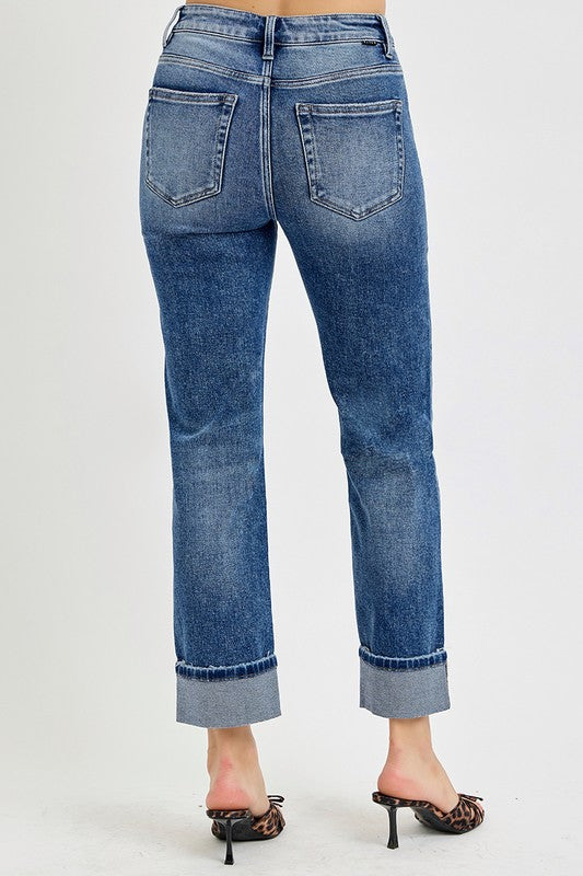 RISEN Full Size High Rise Crop Straight Roll Up Jeans