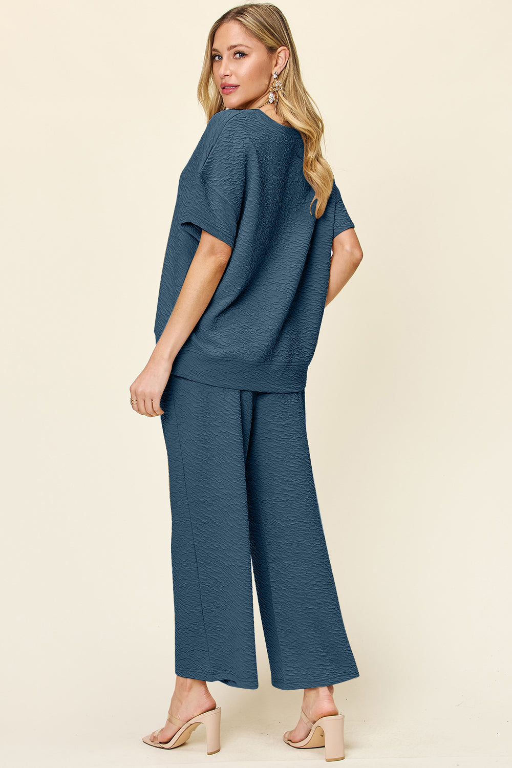 Double Take Full Size Texture Short Sleeve Top and Pants Set