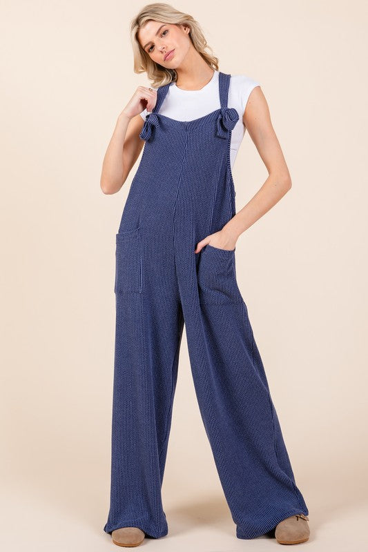 BOMBOM Knot Straps Wide Leg Ribbed Overalls with Pockets