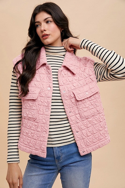 Annie Wear Texture Quilted Snap Down Vest Coat