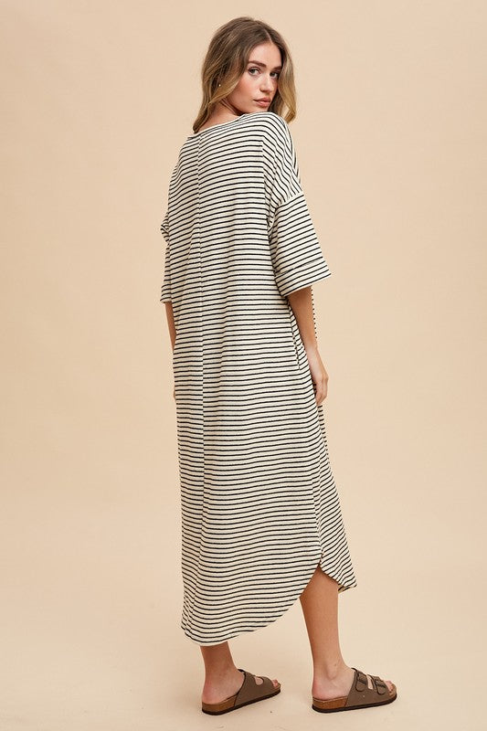 Annie Wear Striped Round Neck Terry Midi Dress