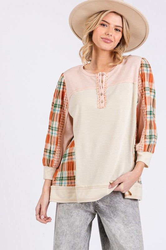 SAGE + FIG Exposed Seam Button Detail Plaid Top