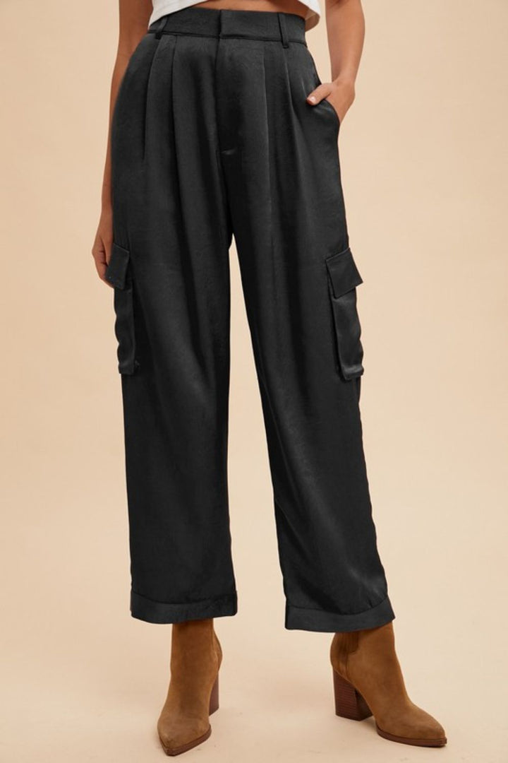 Annie Wear Wide Leg Cargo Satin Pants