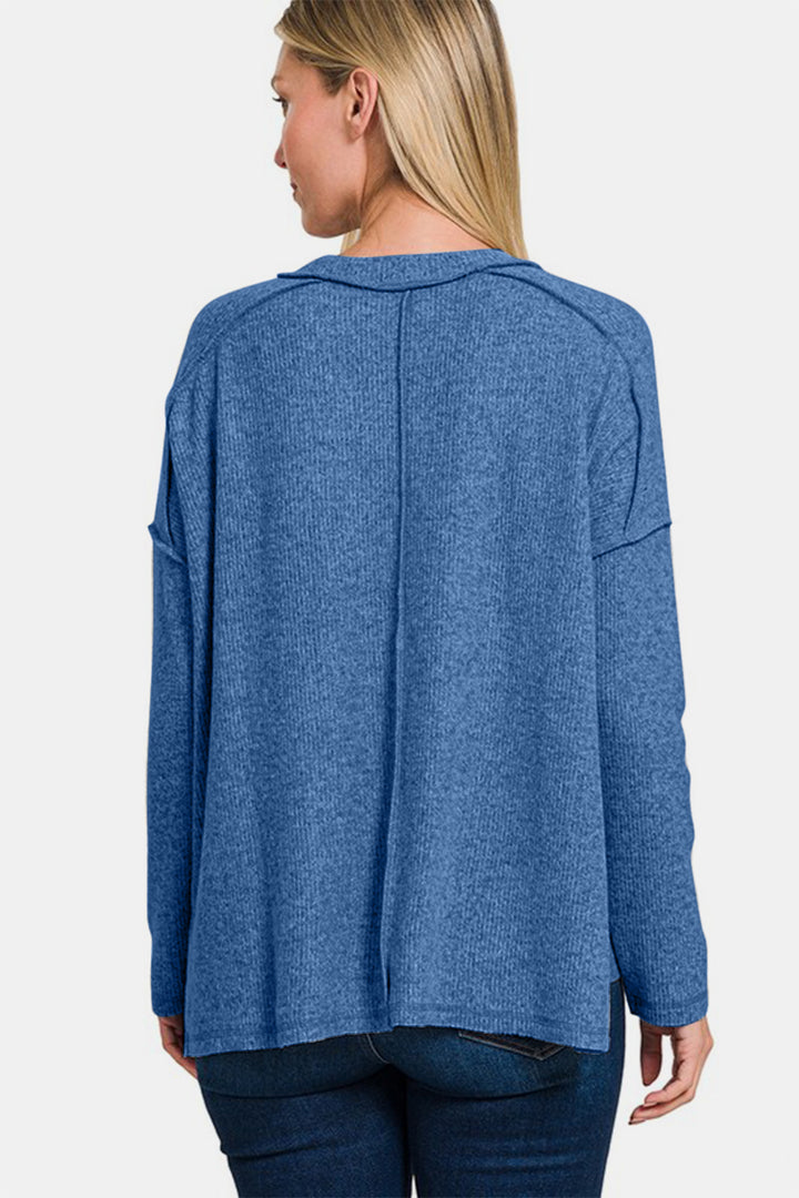 Zenana Full Size Exposed Seam Brushed Round Neck Sweater