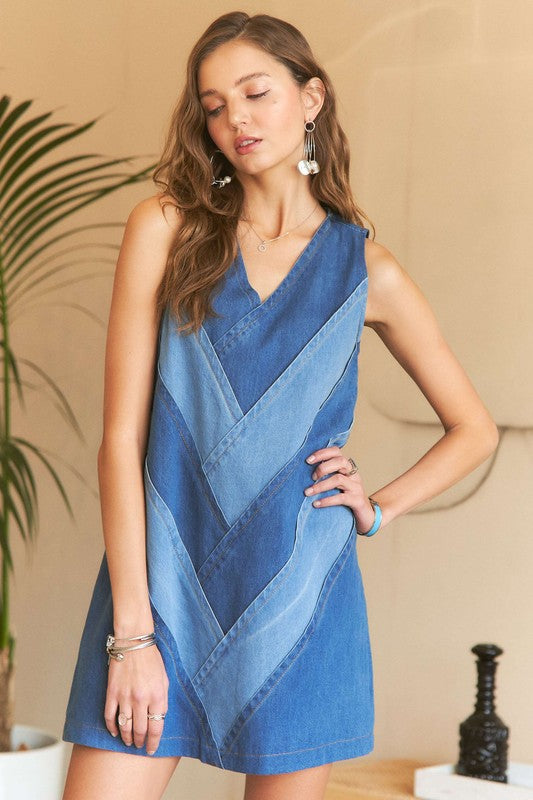 ADORA Chevron Color Block V-Neck Denim Dress