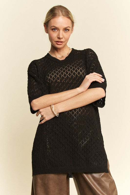 Davi & Dani Side Slit Openwork Round Neck Half Sleeve Knit Cover Up