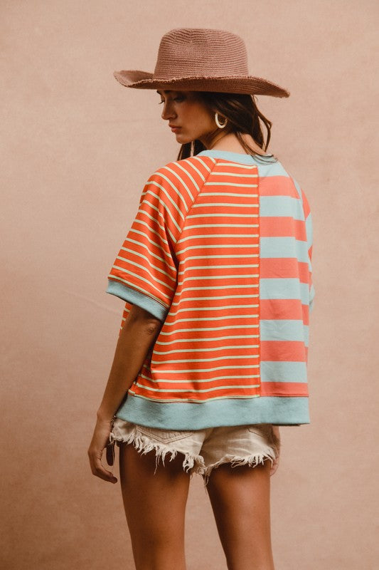 BiBi Striped Round Neck Half Sleeve French Terry Top