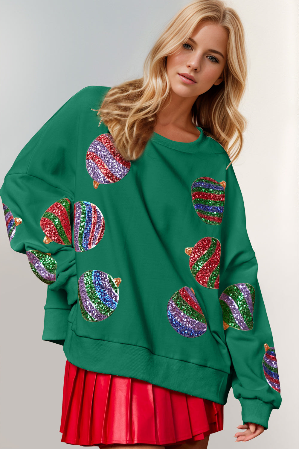 Double Take Christmas Element Sequin Round Neck Long Sleeve Sweatshirt