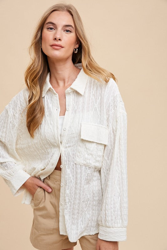 Annie Wear Openwork Button Down Drop Shoulder Shirt