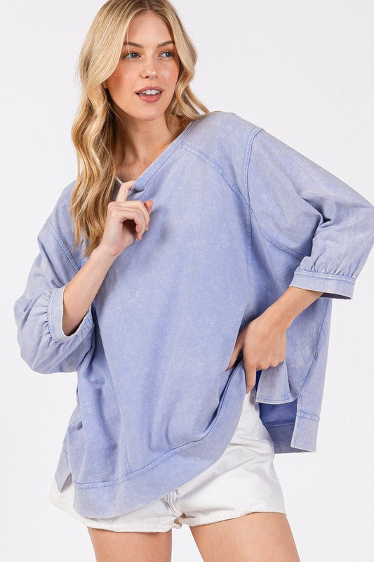 SAGE + FIG Mineral Washed Side Slit Round Neck Sweatshirt