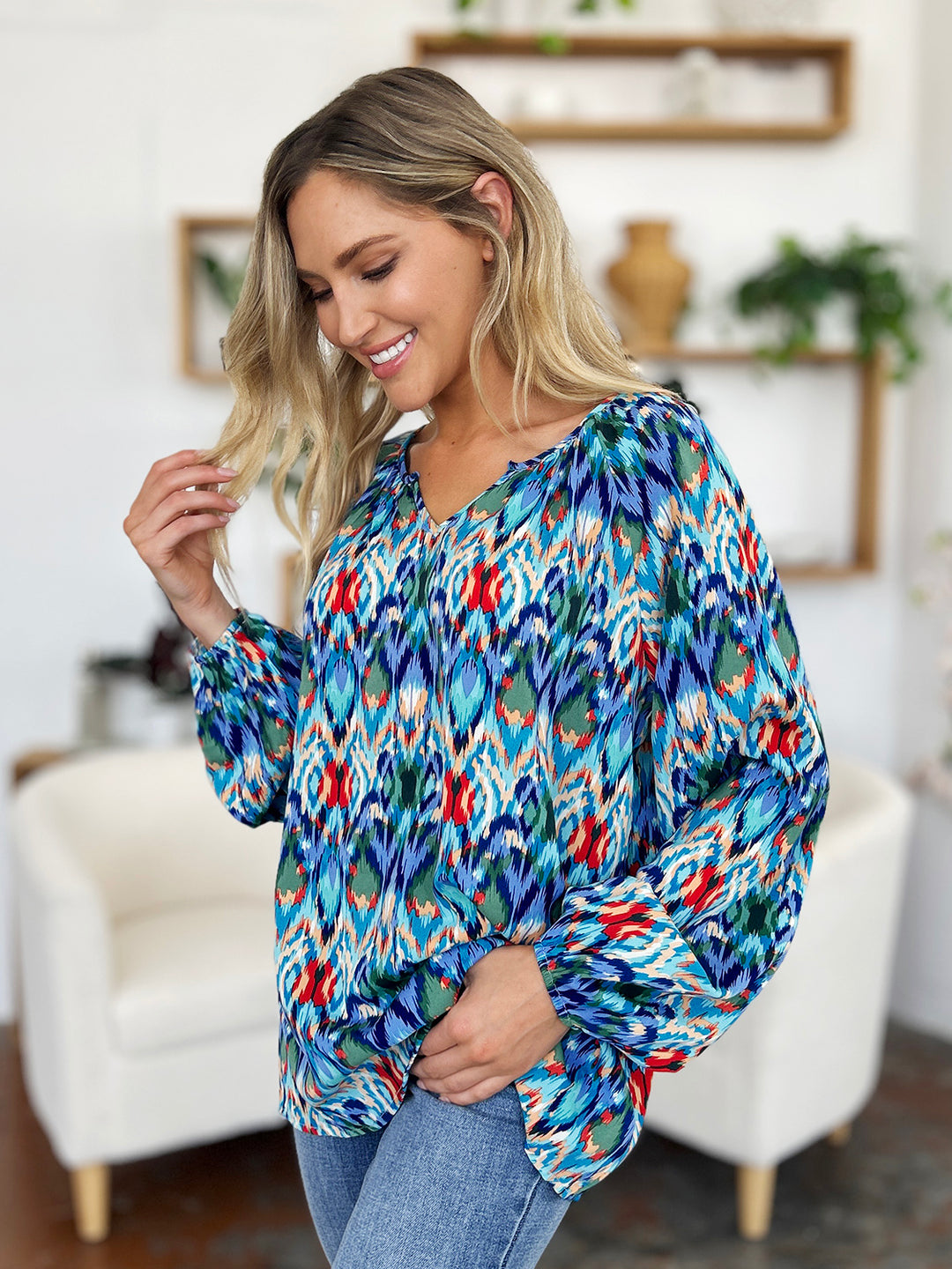 Double Take Full Size Printed Balloon Sleeve Blouse