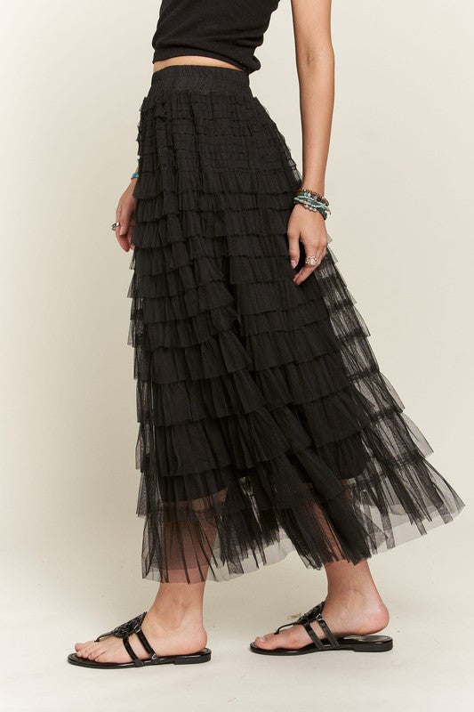 ADORA Elastic Waist Layered Mesh Midi Skirt