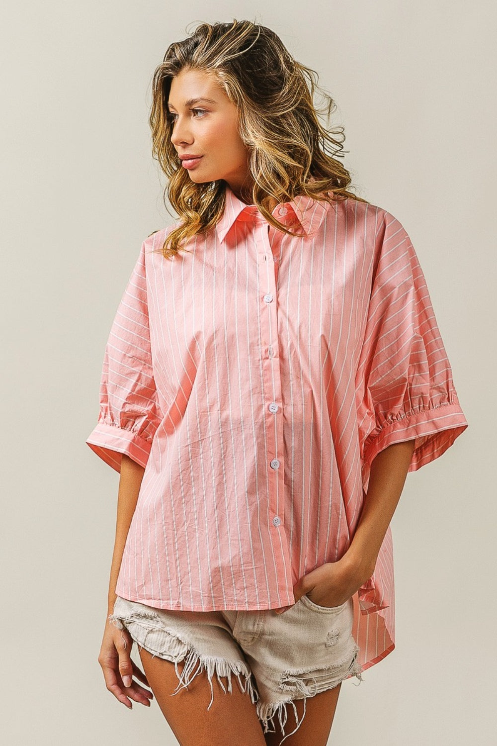 BiBi Button Up Striped Dolman Sleeve Shirt