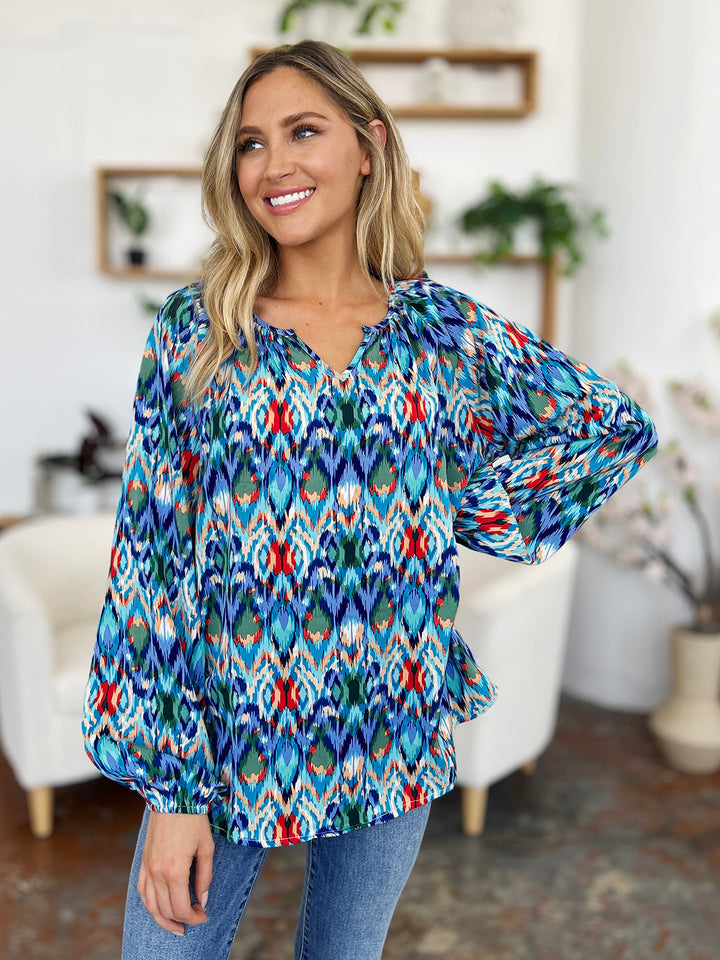 Double Take Full Size Printed Balloon Sleeve Blouse