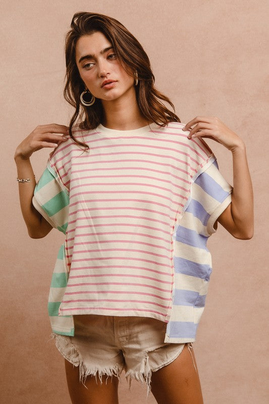 BiBi Slit Exposed Seam Striped Round Neck Short Sleeve T-Shirt