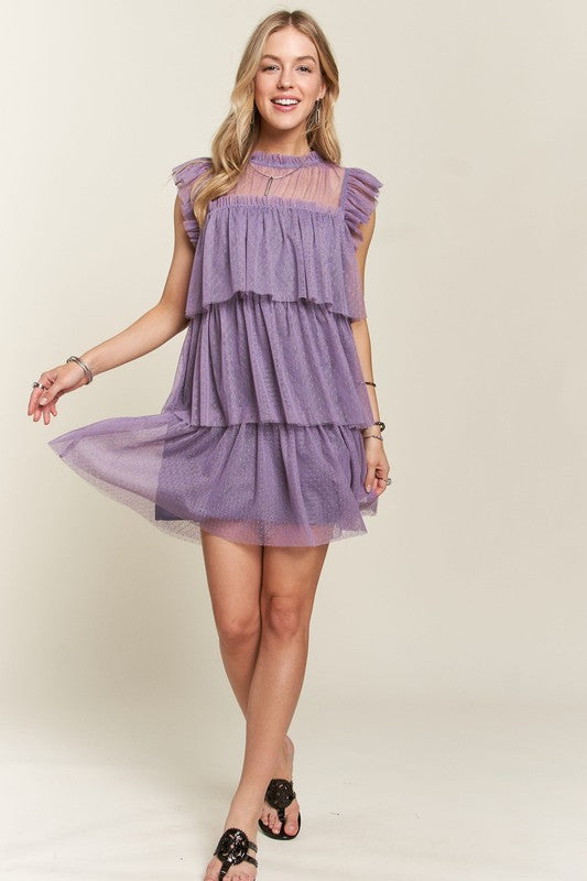 ADORA Layered Ruffled Cap Sleeve Mesh Dress