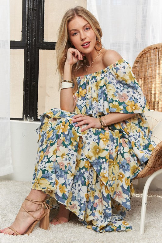 ADORA Layered Floral Off-Shoulder Short Sleeve Maxi Dress