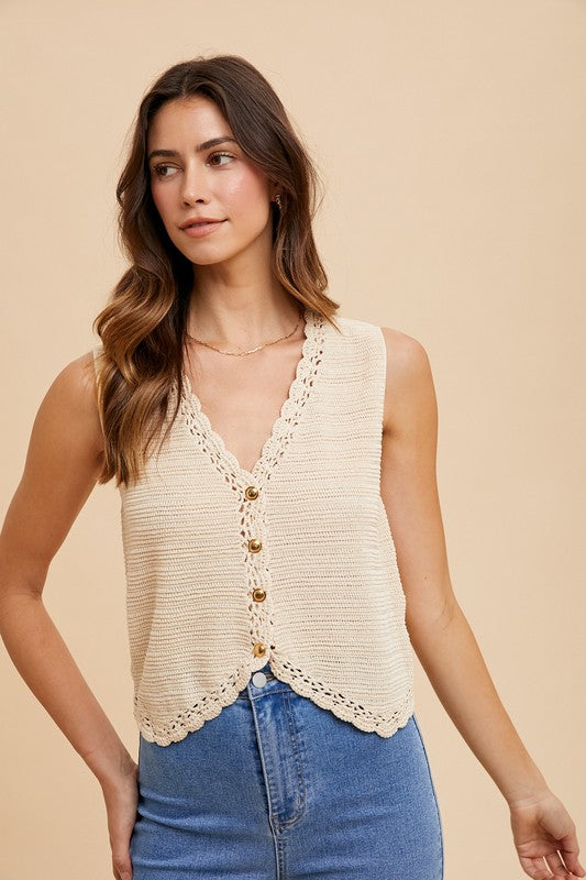 Annie Wear Crochet Trim Button Down Sweater Vest