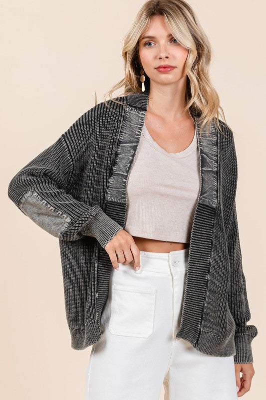 Mittoshop Contrast Patch Open Front Mineral Wash Cardigan