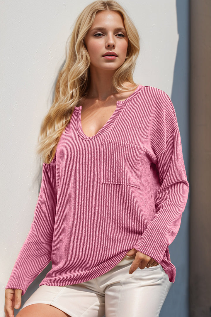 Double Take Striped Notched Long Sleeve T-Shirt