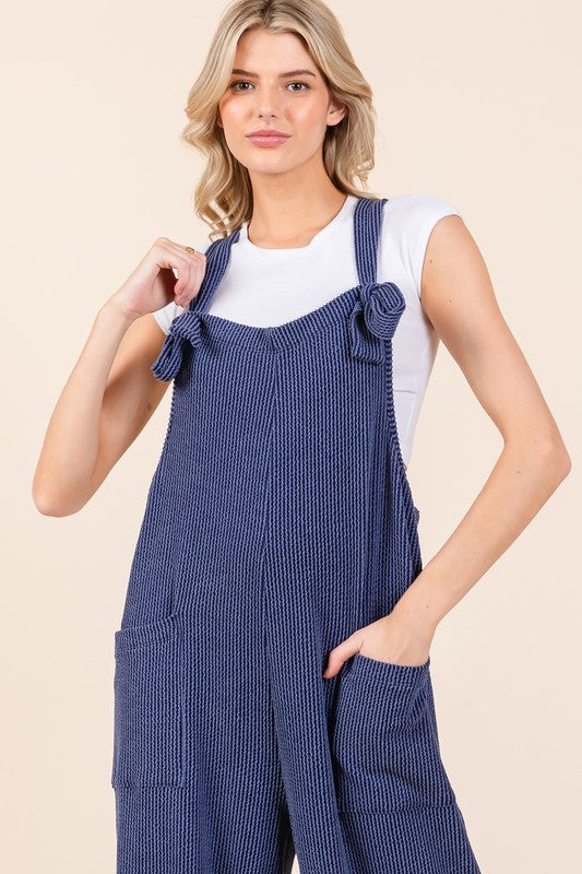 BOMBOM Knot Straps Wide Leg Ribbed Overalls with Pockets