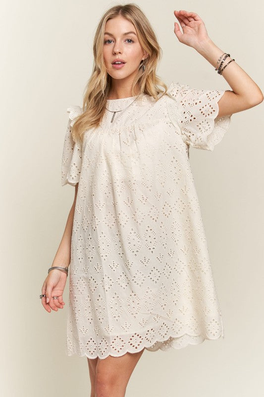 ADORA Ruffled Eyelet Round Neck Dress