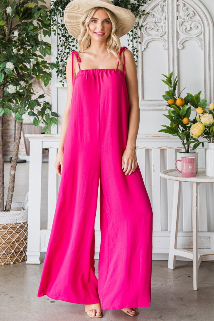 Veveret Pocketed Spaghetti Strap Wide Leg Jumpsuit