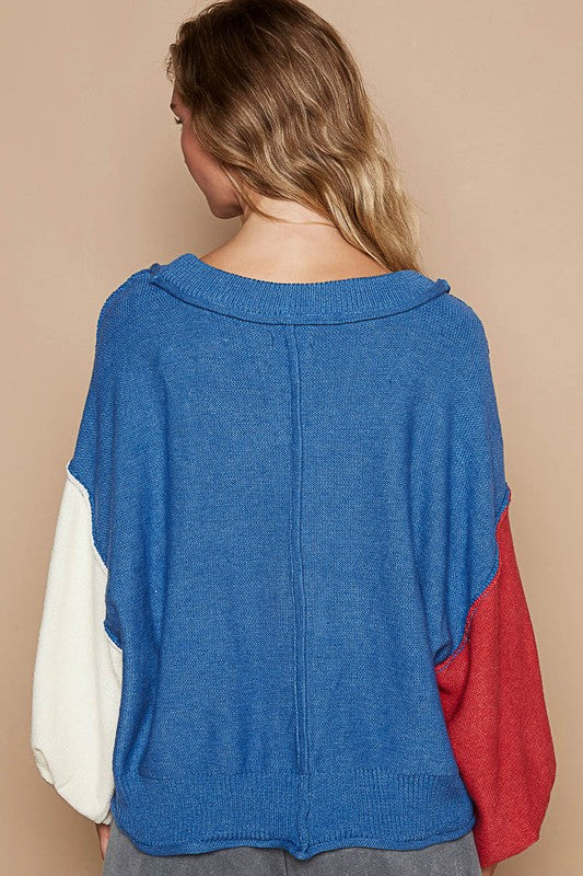 POL Exposed Seam Contrast V-Neck Lantern Sleeve Sweater