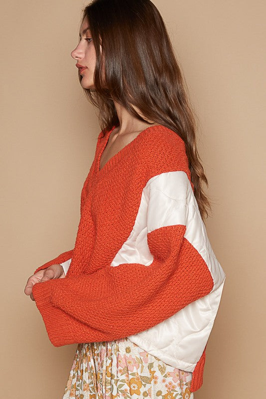 POL Cable Knit Quilting Patch V-Neck Contrast Sweater