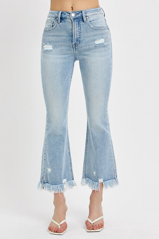 RISEN Full Size Raw Hem Distressed Cropped Flare Jeans Plus Size