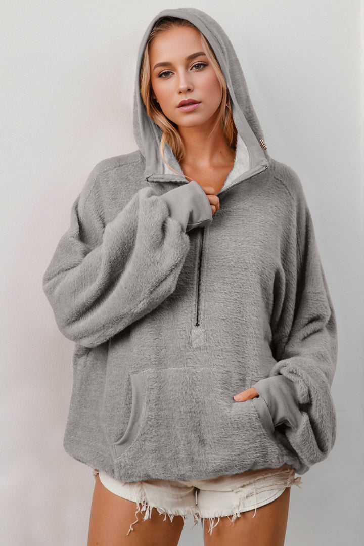 Double Take Half Zip Long Sleeve Hoodie with Kangaroo Pocket