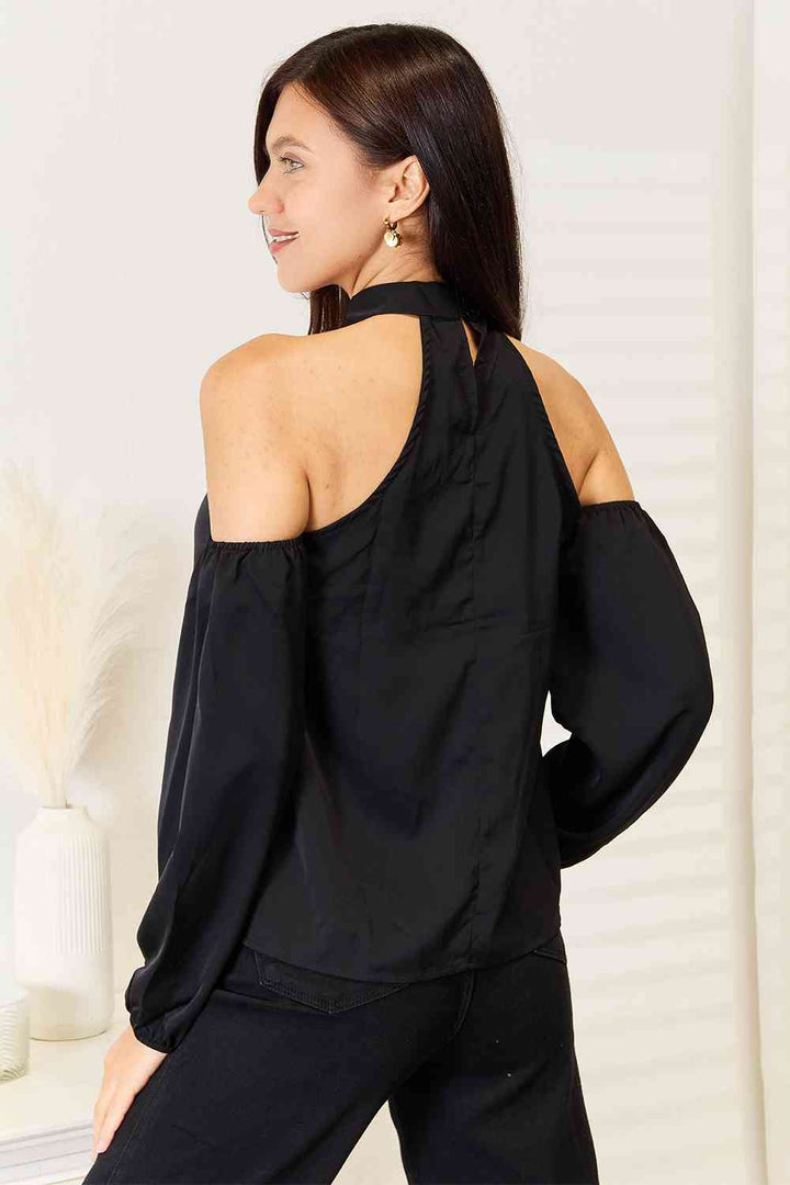 Double Take Grecian Cold Shoulder Long Sleeve Blouse
