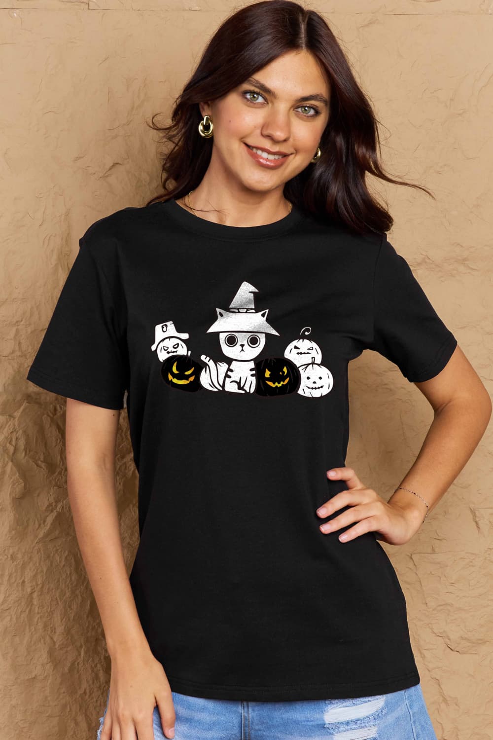 Simply Love Full Size Cat & Pumpkin Graphic Cotton T-Shirt