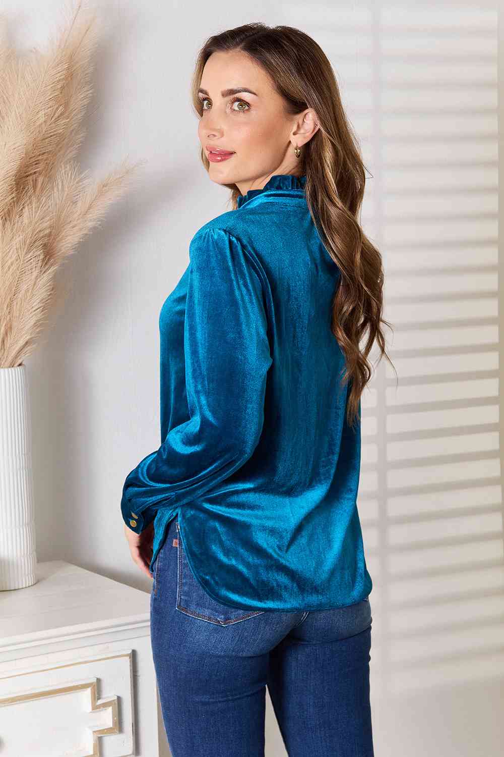 Double Take Notched Neck Buttoned Long Sleeve Blouse