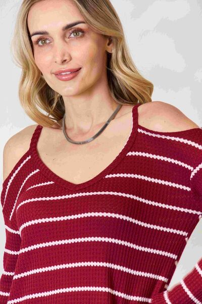 BiBi Striped Cold Shoulder Long Sleeve Knit Top